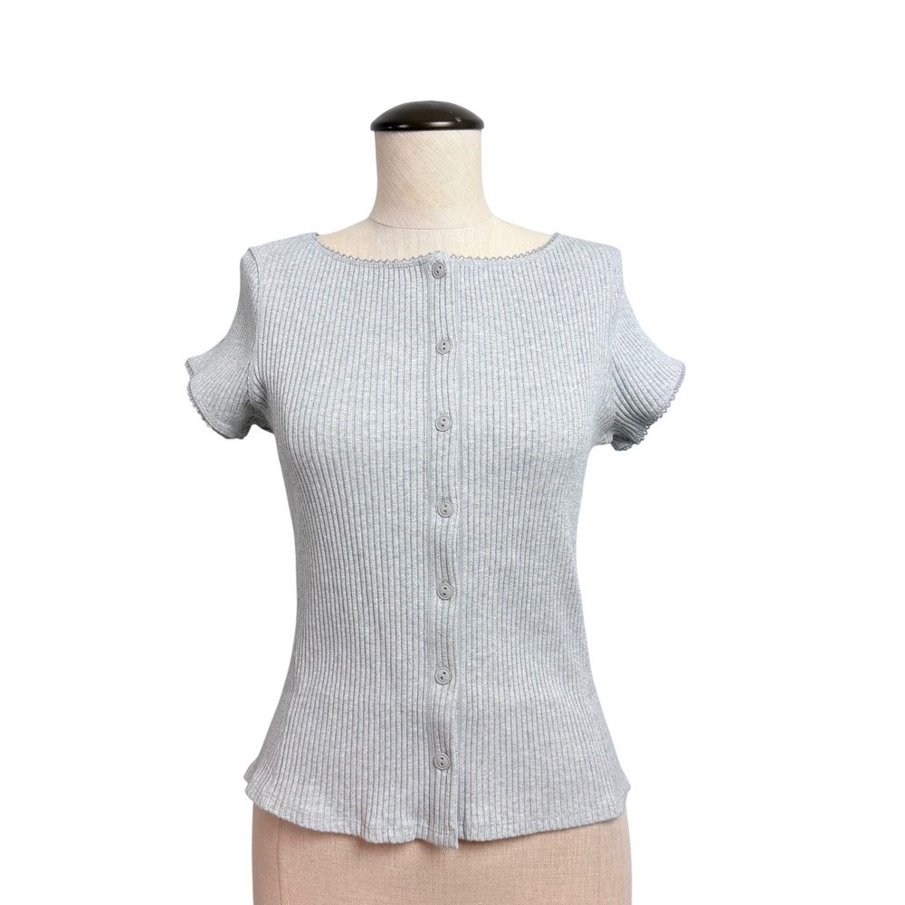 Intimately Free People Ribbed Knit Most Wanted Cardi Gray Lace Trim Buttoned M